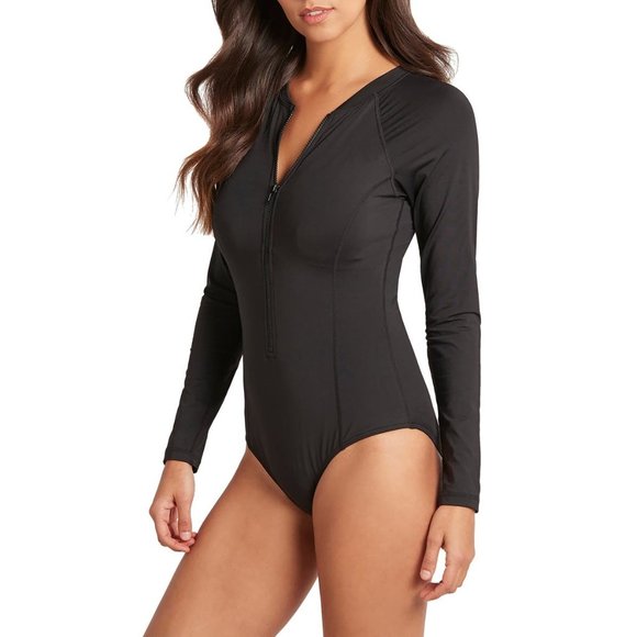 SEA LEVEL Long Sleeve Rashguard Zip Front Swimsuit Black 10 NEW - Picture 2 of 11